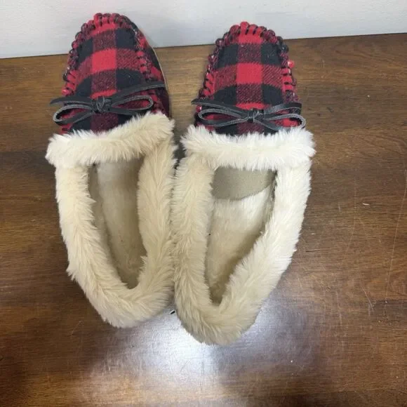 J Crew NWOT Red & Black Buffalo Plaid Faux-Shearling Moccasin Slippers Size 9 - Picture 9 of 9